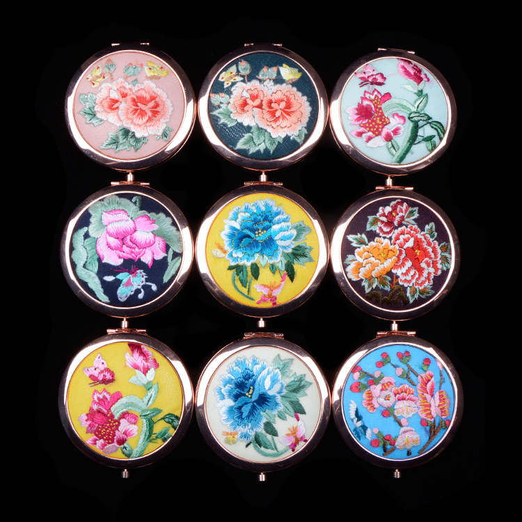 紫金化妆随身镜精品出国送礼刺绣中国风古风摄影 手绣镜子